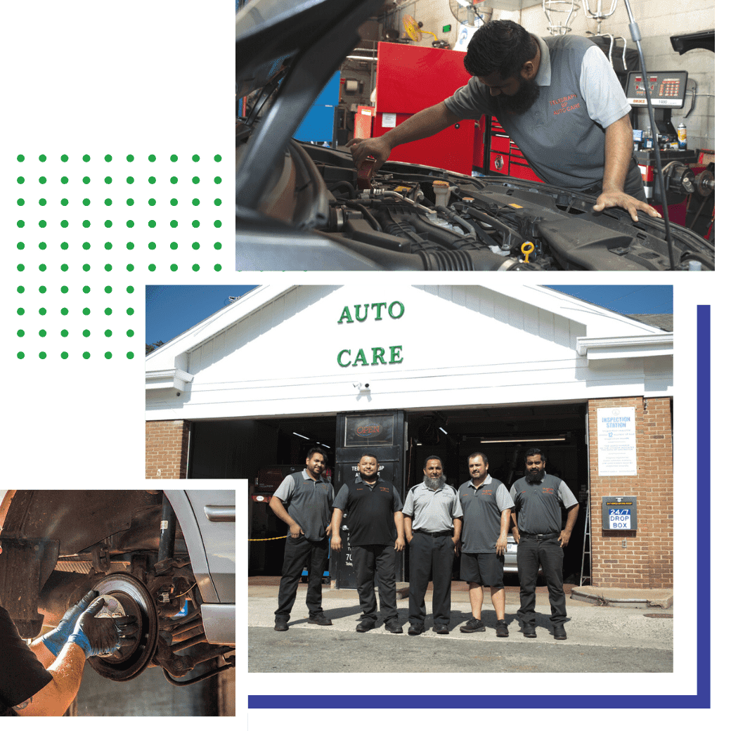 Auto repair technician inspecting engine components.