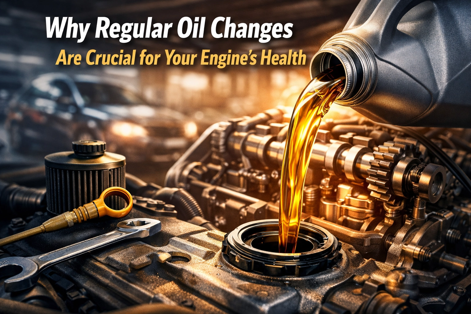 Car engine oil being poured during an oil change at Telegraph Auto Repair.