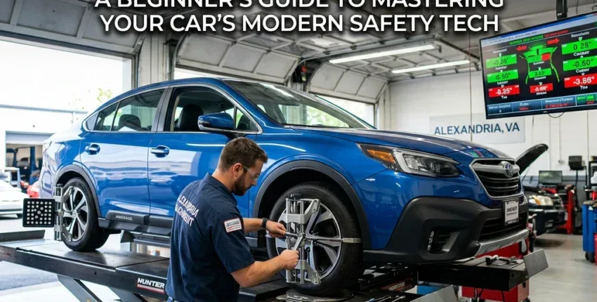 Car wheel alignment service at Alexandria auto repair shop.
