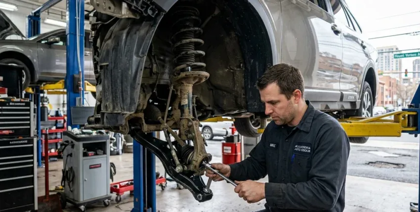 Auto repair technician examining a car's suspension system in a professional garage.