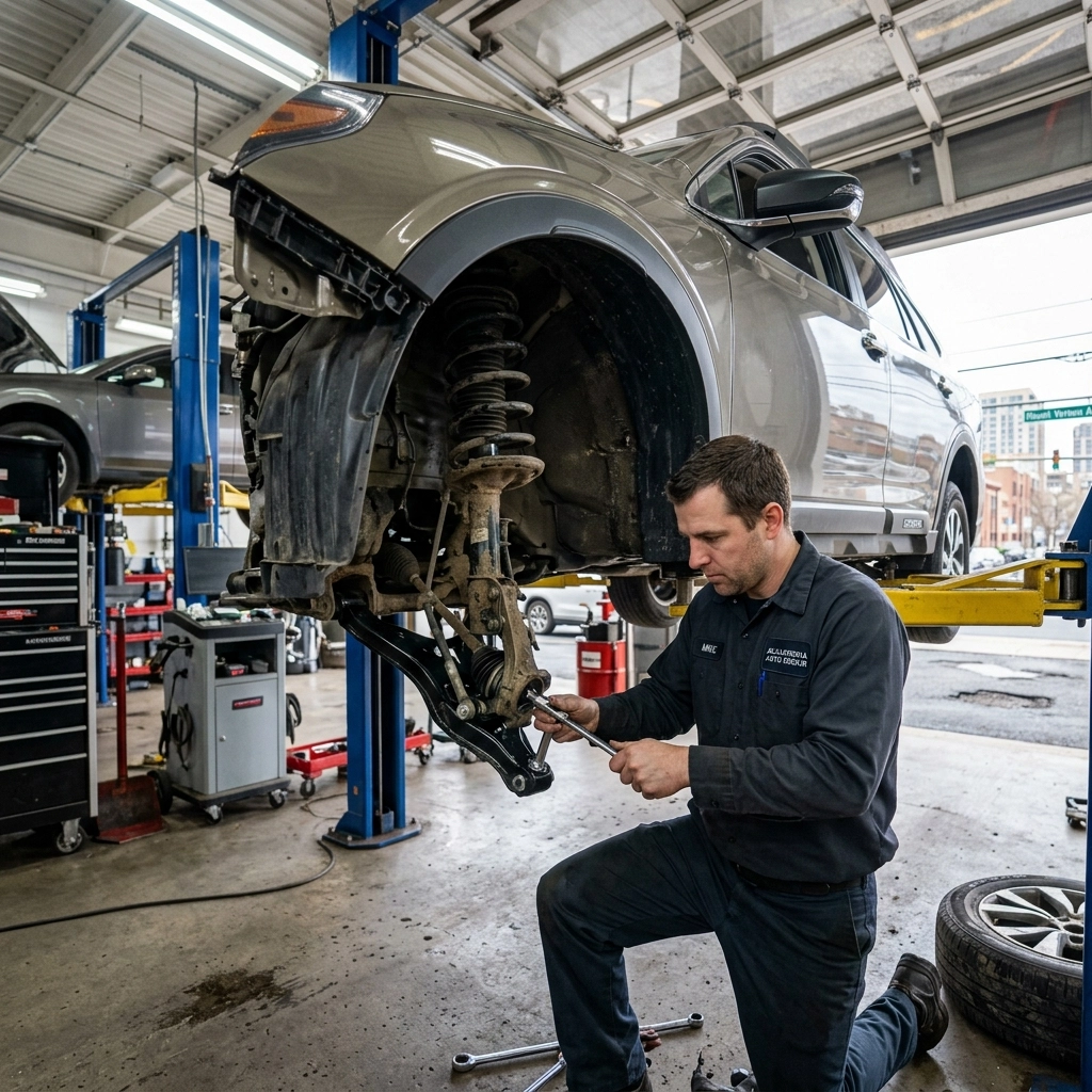 Auto repair technician examining a car's suspension system in a professional garage.