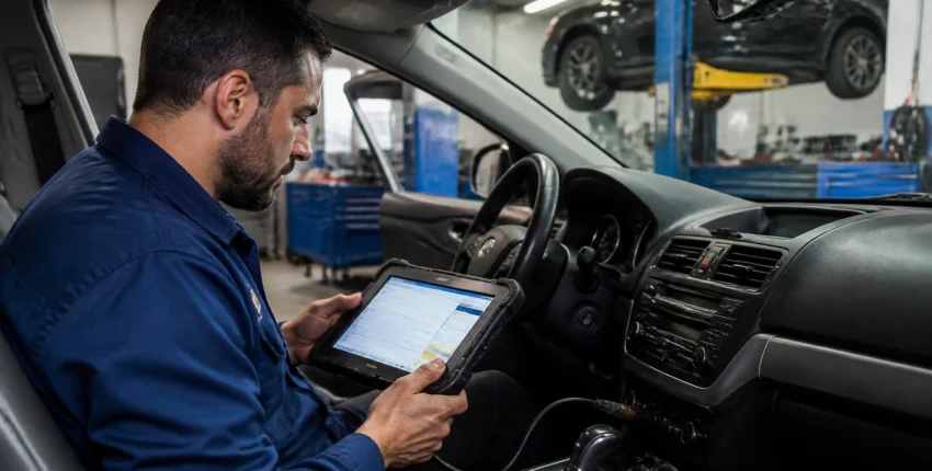 Auto repair technician inspecting vehicle diagnostics with tablet inside car at repair shop.