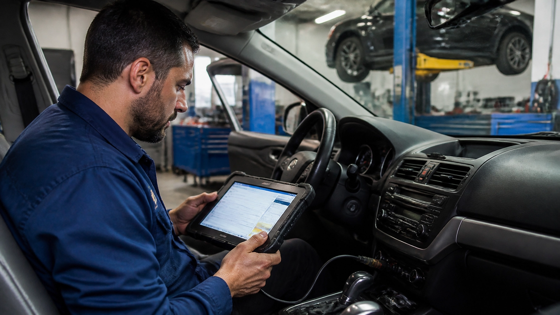 Auto repair technician inspecting vehicle diagnostics with tablet inside car at repair shop.