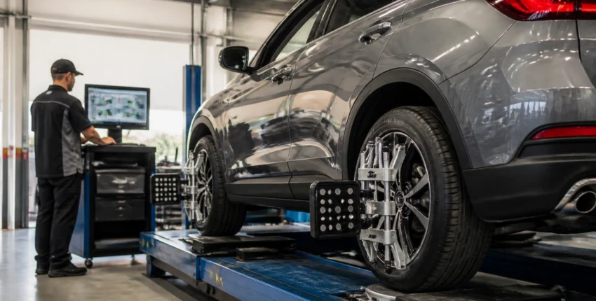 Auto repair technician performing wheel alignment on a modern gray SUV.