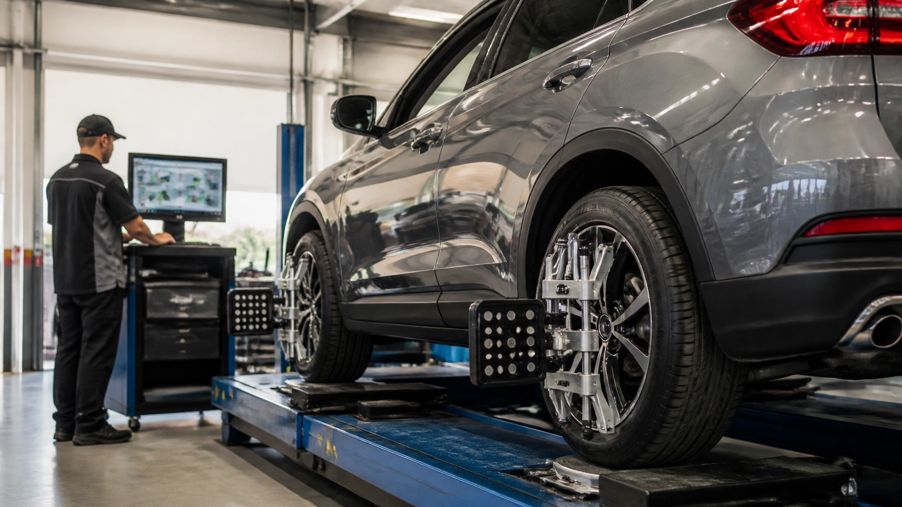 Auto repair technician performing wheel alignment on a modern gray SUV.