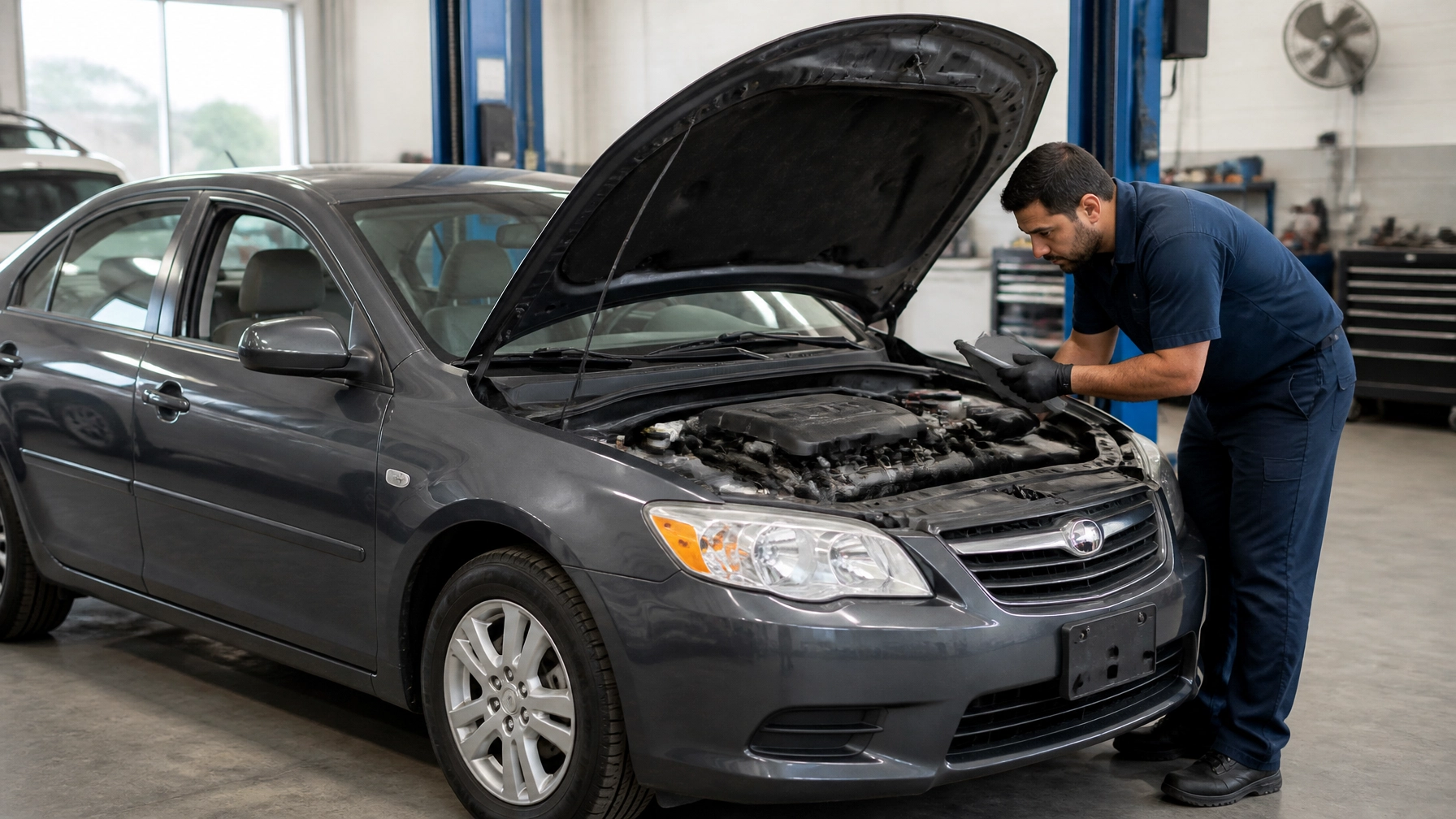 Technician inspecting engine of a sedan at auto repair shop.