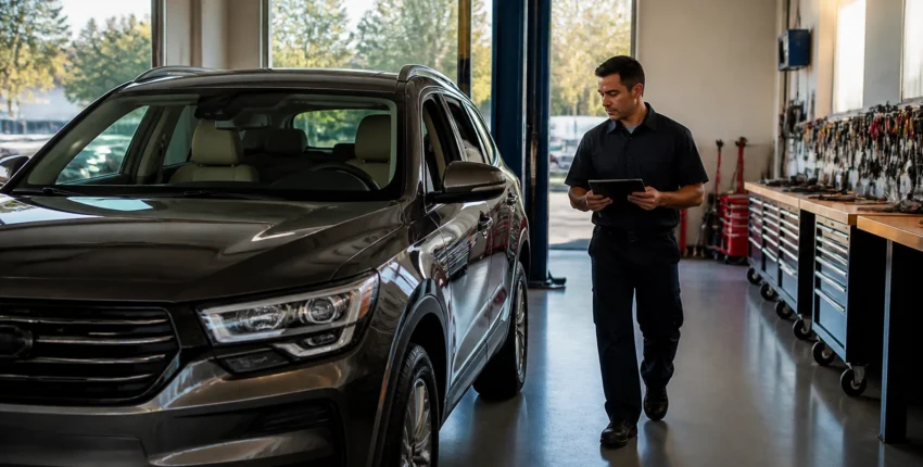 Technician inspecting a car at Telegraph Auto Repair shop.