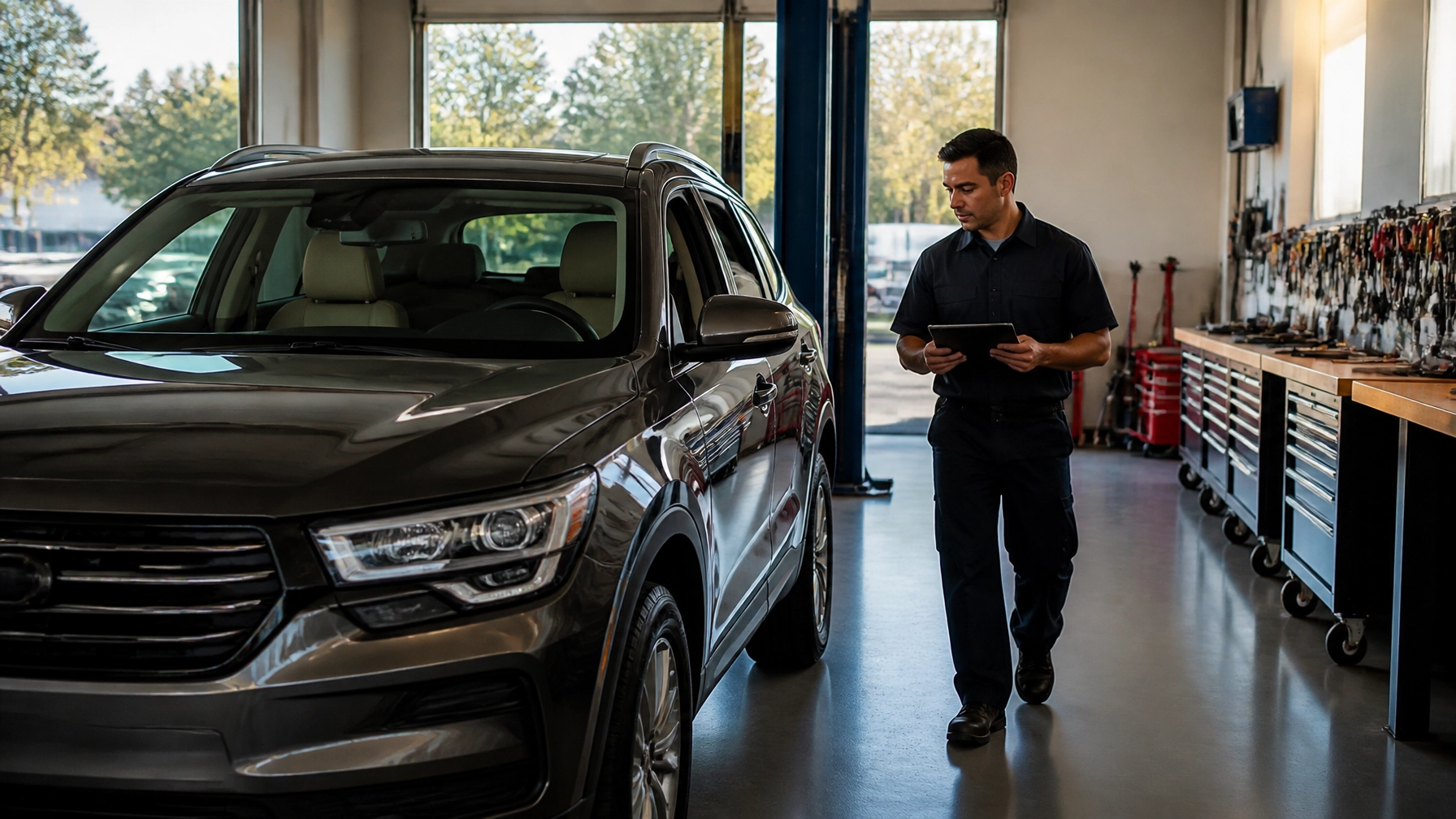 Technician inspecting a car at Telegraph Auto Repair shop.