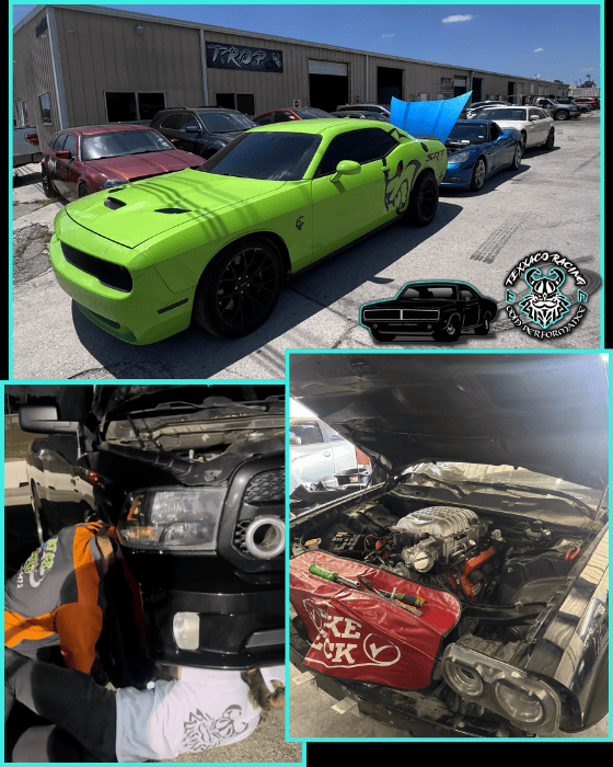 High-performance Dodge Challenger SRT with custom green paint, racing decals, and aftermarket wheels.