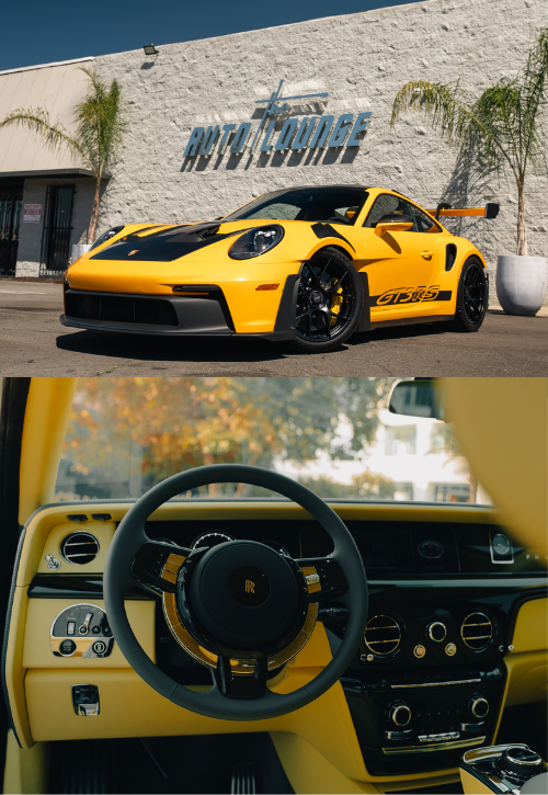 High-performance yellow Porsche 911 GT3 parked outside The Auto Lounge dealership.