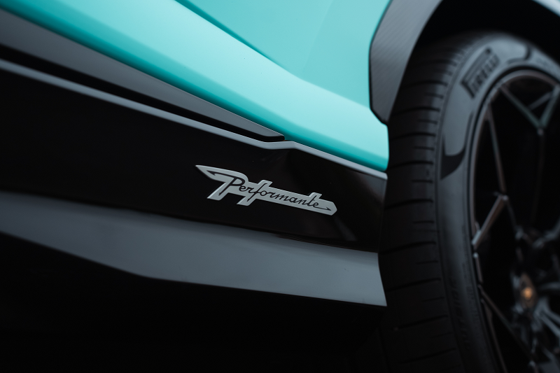 Close-up of performance badge on a modern car's side panel.