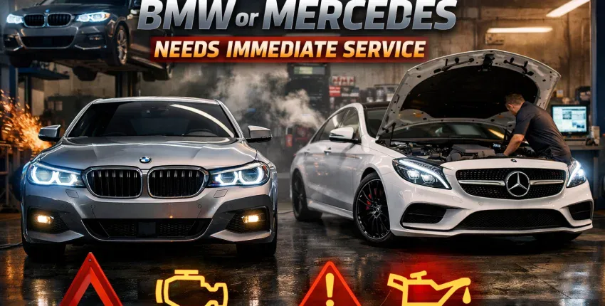BMW and Mercedes-Benz vehicles showing warning indicators in an auto repair shop.