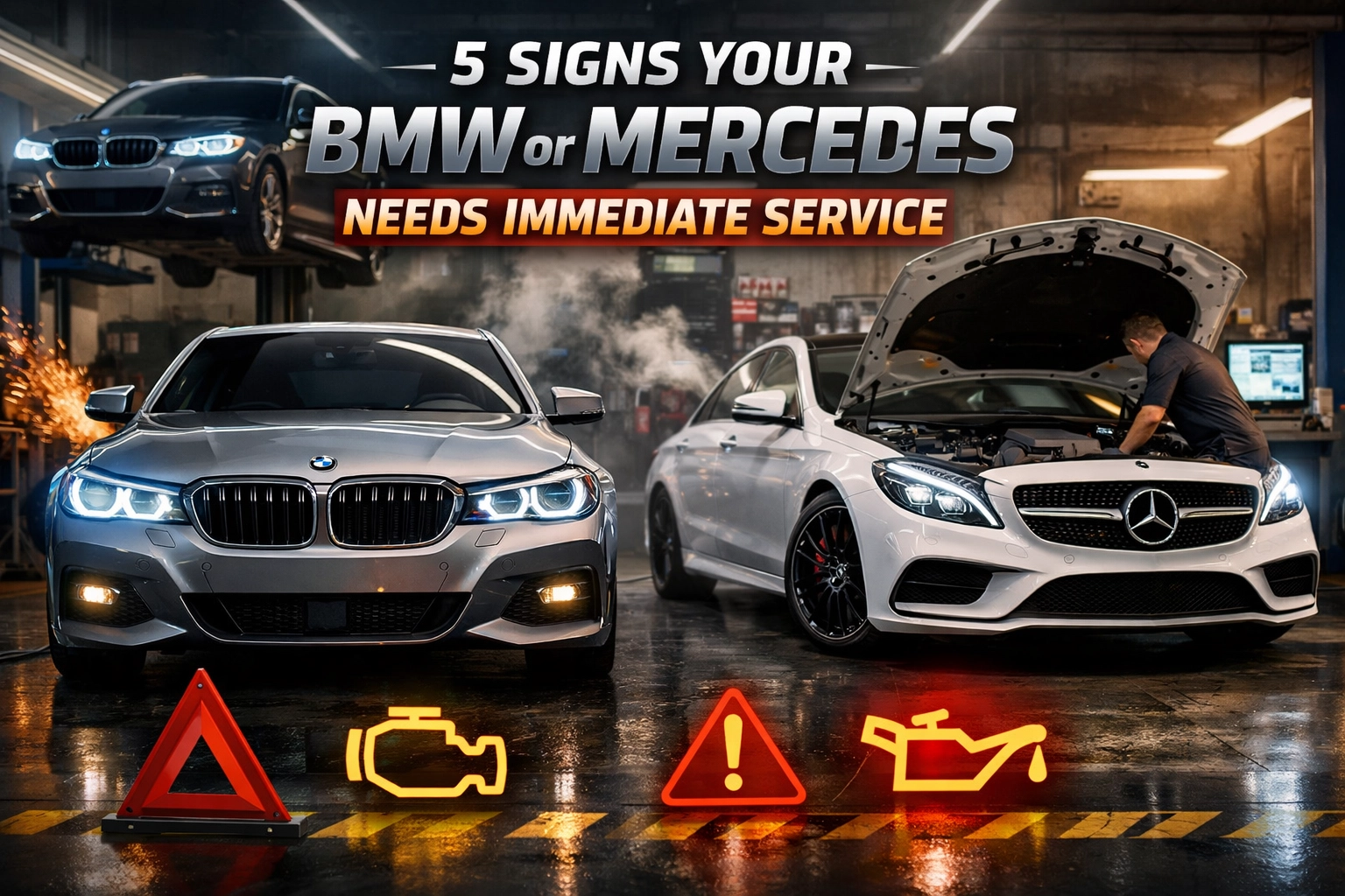 BMW and Mercedes-Benz vehicles showing warning indicators in an auto repair shop.