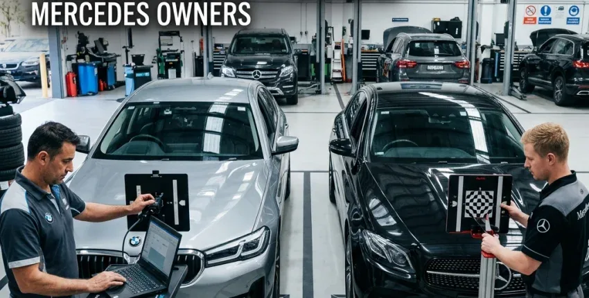 ADAS calibration for BMW and Mercedes vehicles at The Auto Lounge.