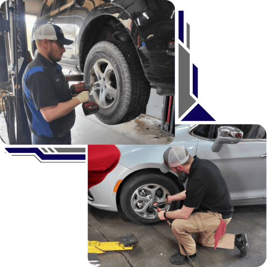 Auto repair technicians working on vehicle tires at The Car People.