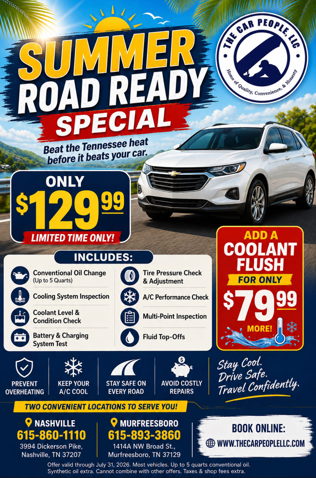 White Chevrolet SUV on summer road trip with promotional offers.