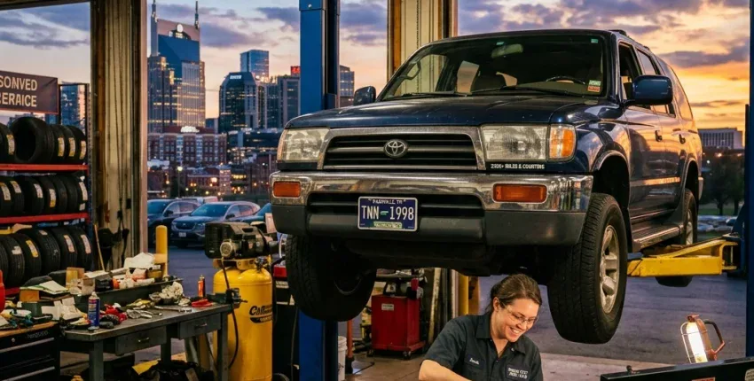 Auto repair shop with Toyota 4Runner on lift, city skyline at sunset in background.