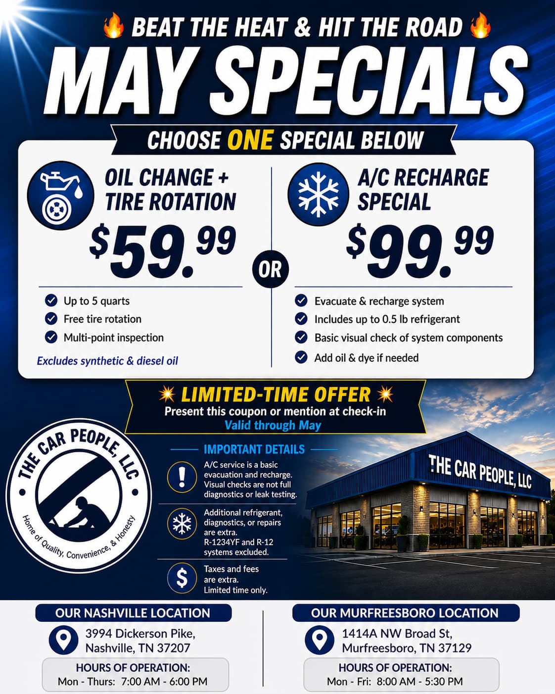 Oil Change + Tire Rotation for $59.99.