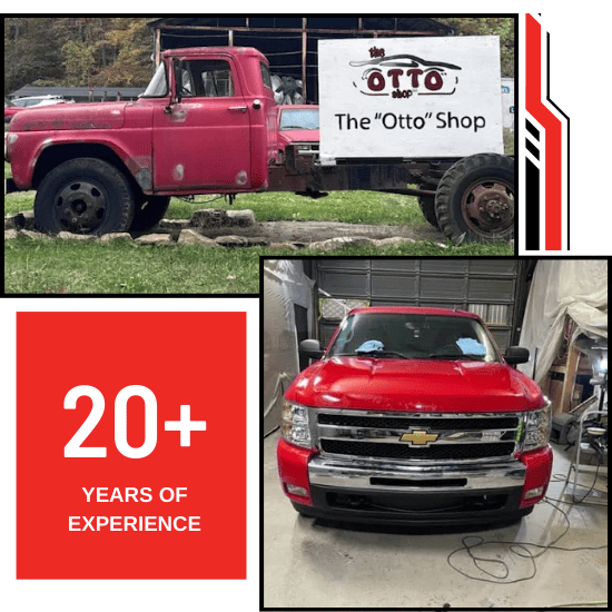 Vintage truck with The OTTO Shop signage and a modern red Chevrolet vehicle inside a workshop.