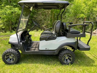 Golf cart with black seats, roof, and steering wheel in a lush green outdoor setting.