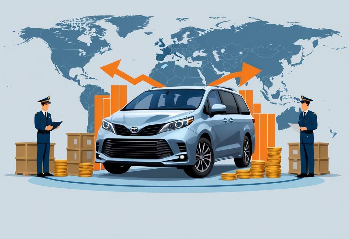 A Toyota Sienna minivan with an upward arrow graph behind it, surrounded by shipping containers, a customs officer, and stacks of coins, illustrating rising prices due to tariffs.