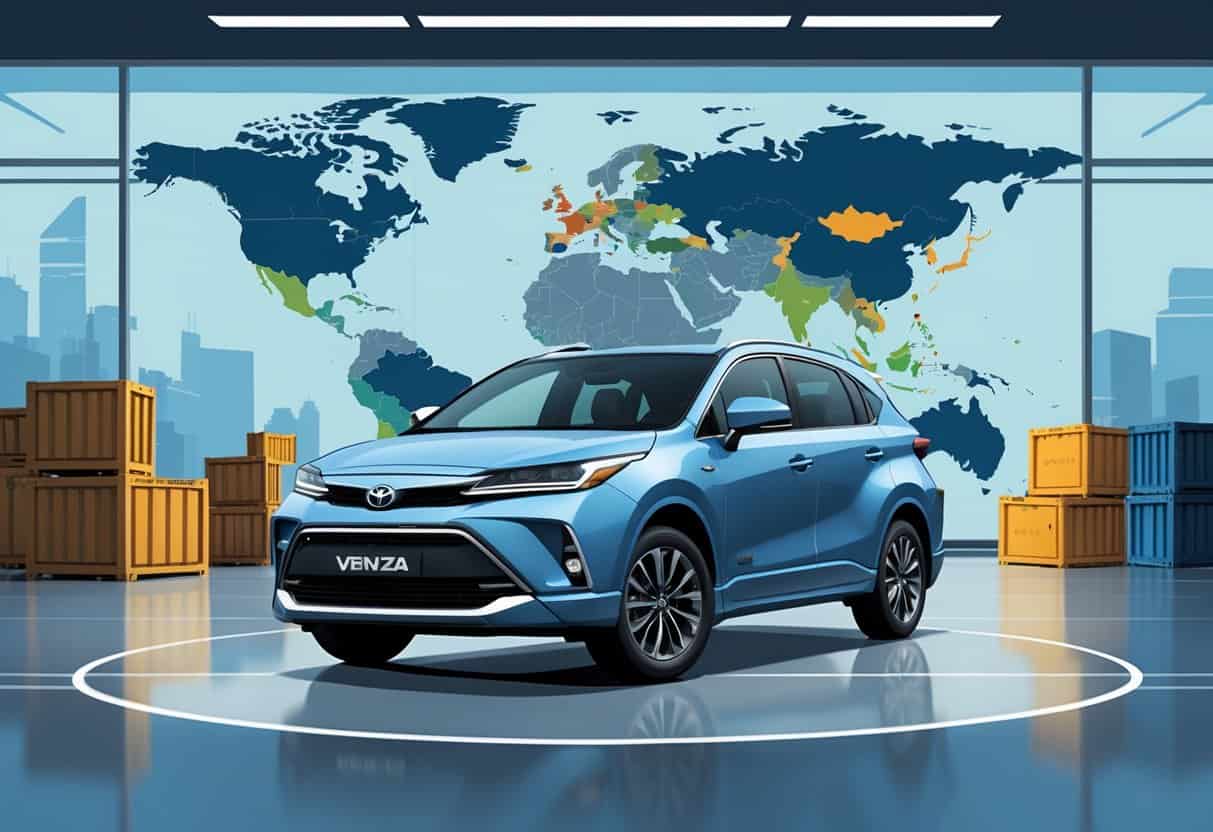 A Toyota Venza Hybrid SUV displayed in a dealership with graphical elements representing tariffs and trade barriers in the background.