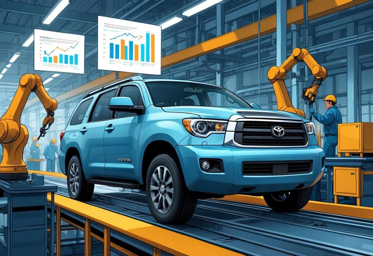 A Toyota Sequoia SUV being assembled on a factory line with workers and robotic arms, surrounded by machinery and charts indicating changes in manufacturing.