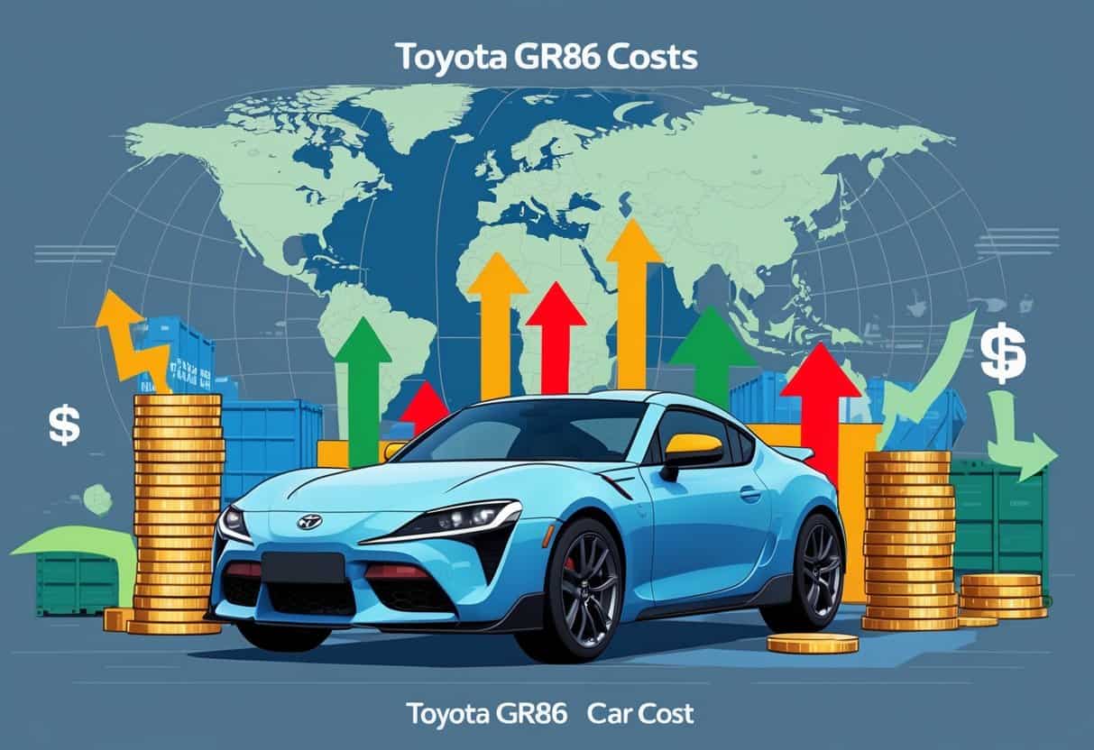 A Toyota GR86 car surrounded by coins, arrows showing cost changes, and shipping containers with a world map in the background.