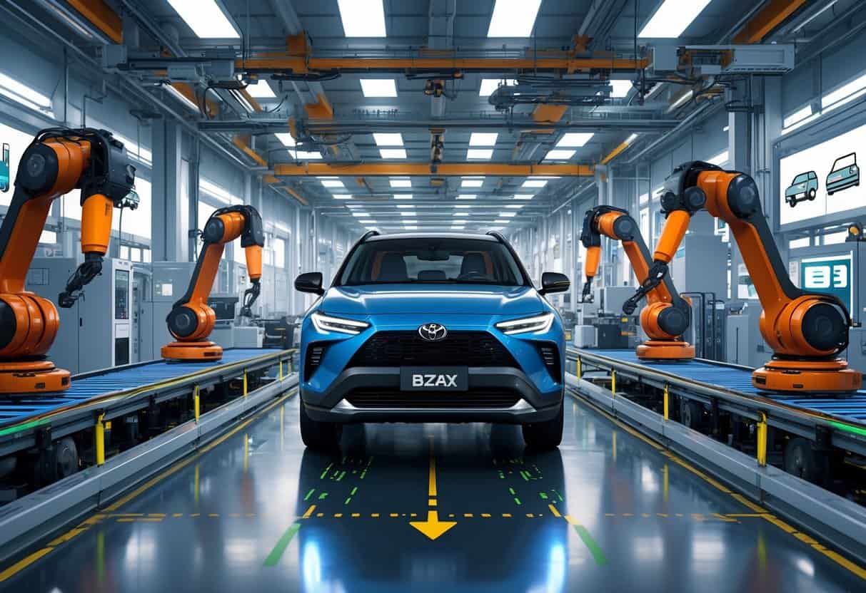 A Toyota BZ4X electric SUV in a modern factory with robotic arms assembling parts and engineers monitoring production equipment.