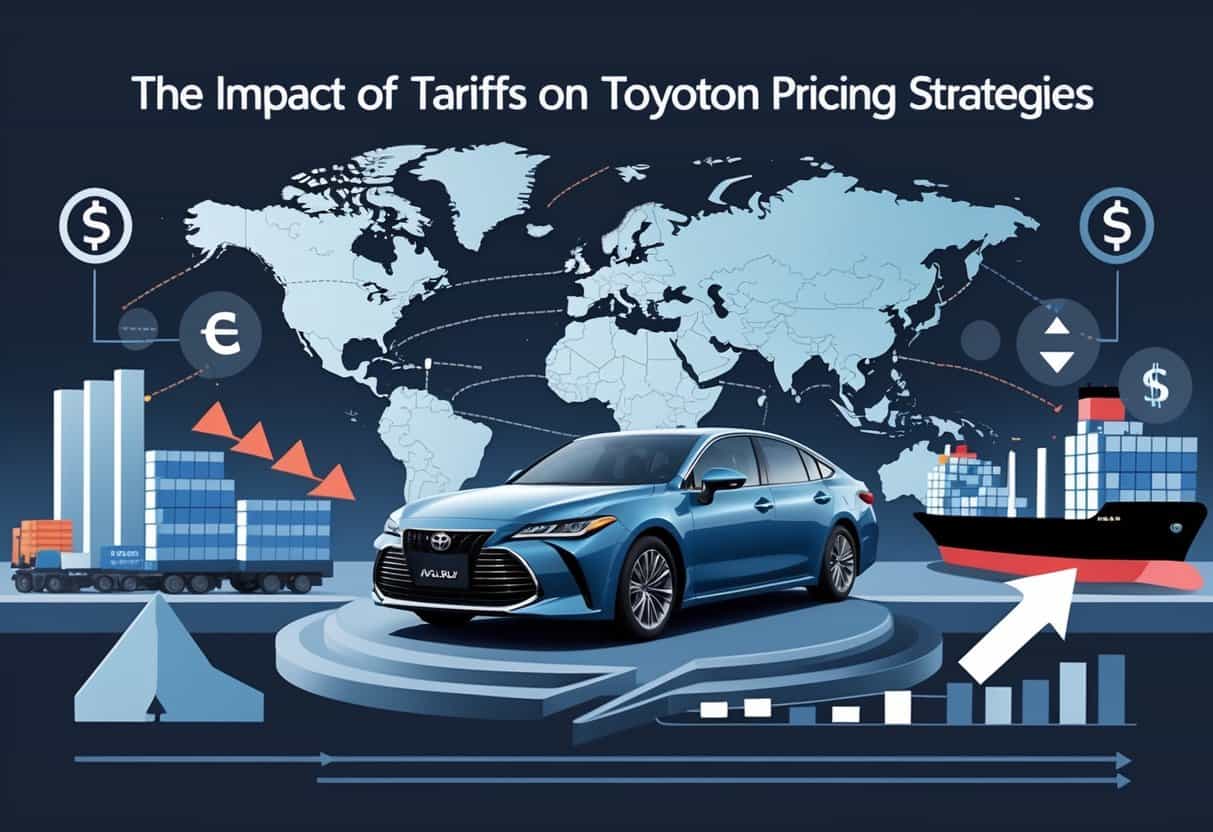 A Toyota Avalon car with a world map, trade routes, arrows, charts, and shipping containers illustrating the impact of tariffs on pricing.