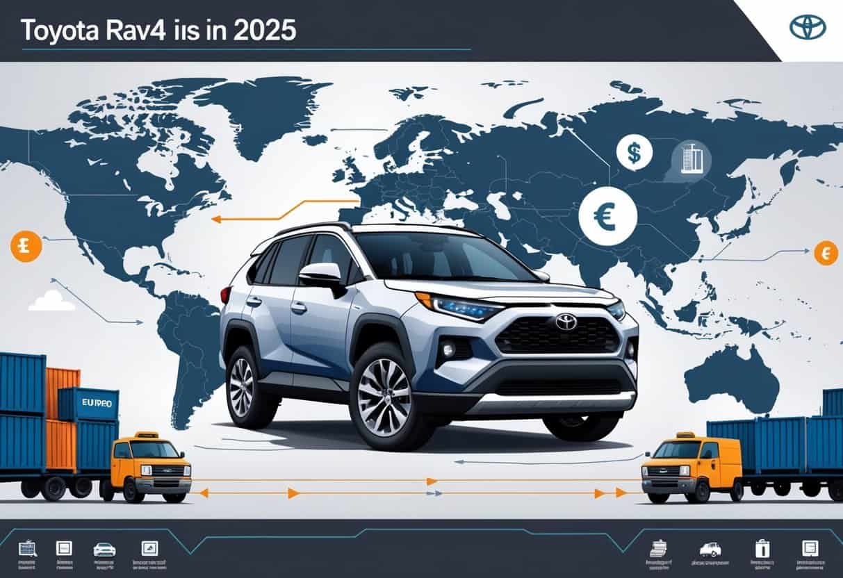 A Toyota RAV4 surrounded by a world map showing arrows and icons representing changes in production locations due to import tariffs.