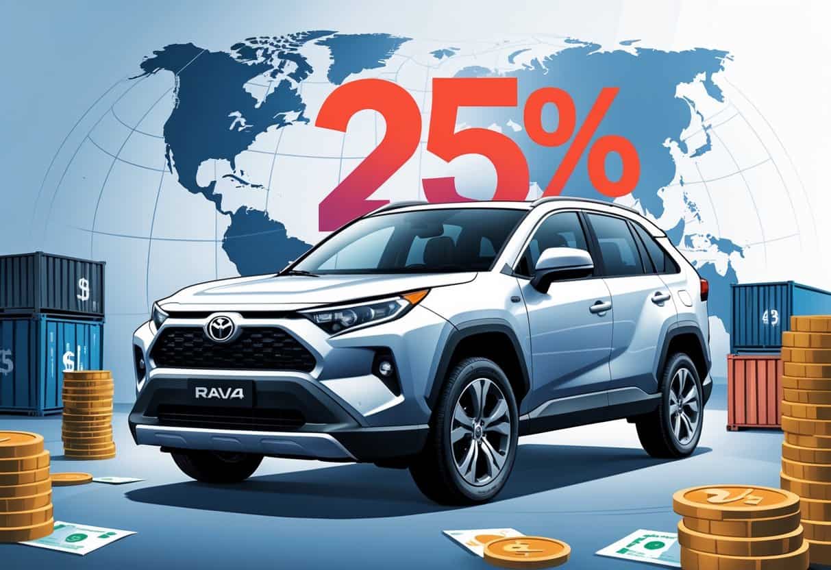 A Toyota RAV4 in a showroom with symbols representing a 25% import tariff, including coins, shipping containers, and a globe in the background.