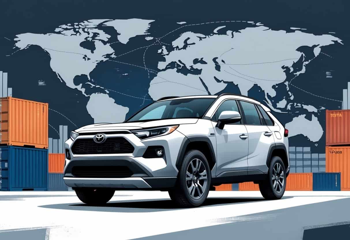 A Toyota RAV4 parked with symbols of global trade and tariffs in the background, including shipping containers, charts, and a world map.
