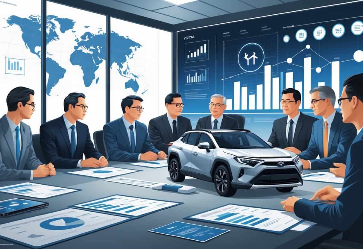 A group of Toyota executives and experts in a boardroom discussing strategy with charts and a model of a Toyota RAV4 on the table, with a digital screen showing financial graphs and trade icons in the background.