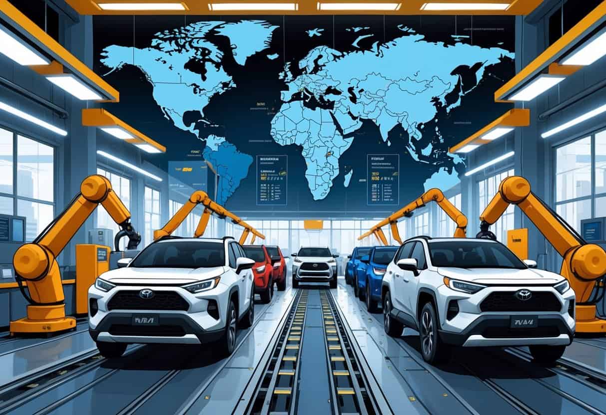 An automotive factory floor with robotic arms assembling Toyota RAV4 SUVs and a global map showing manufacturing locations in the background.