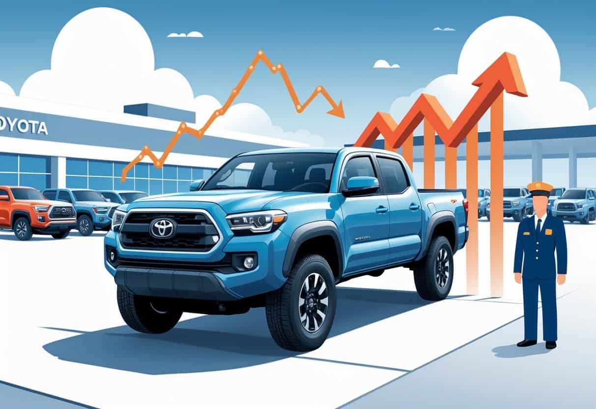 A Toyota Tacoma pickup truck at a dealership lot with a chart showing rising prices and changing inventory, alongside a customs symbol representing tariffs.
