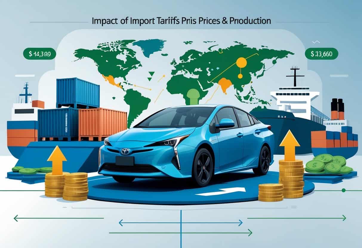 A Toyota Prius car surrounded by shipping containers, cargo ships, and factory assembly lines, with arrows and stacks of coins indicating changes in prices and production.