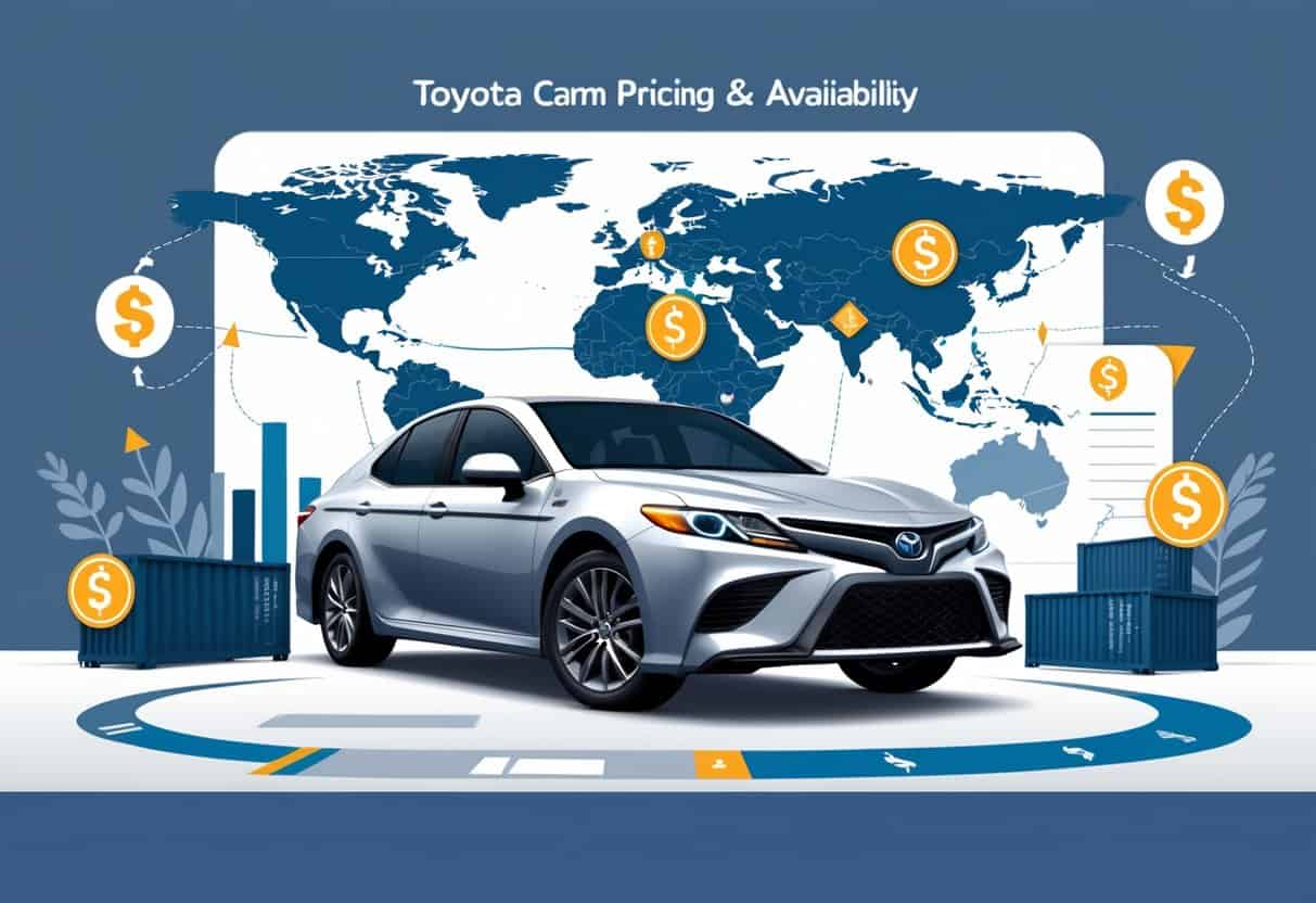 A Toyota Camry car in front of a world map with arrows and charts illustrating changes in pricing and availability due to tariffs.