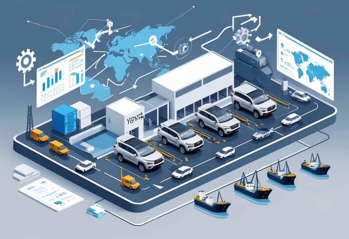 An automotive factory assembling Toyota Highlander SUVs with visual elements representing production planning and international trade tariffs.
