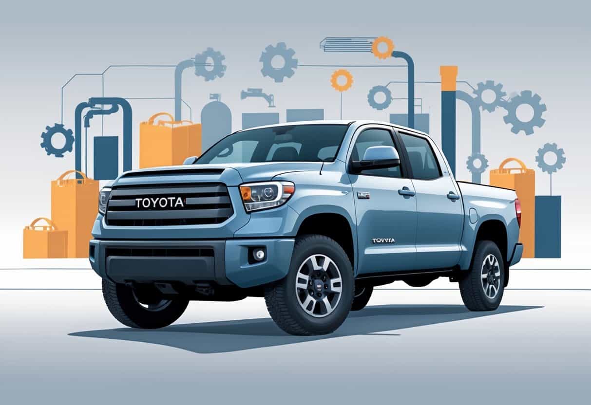 A Toyota Tundra truck displayed with factory and shipping elements in the background symbolizing pricing, production, and tariffs.