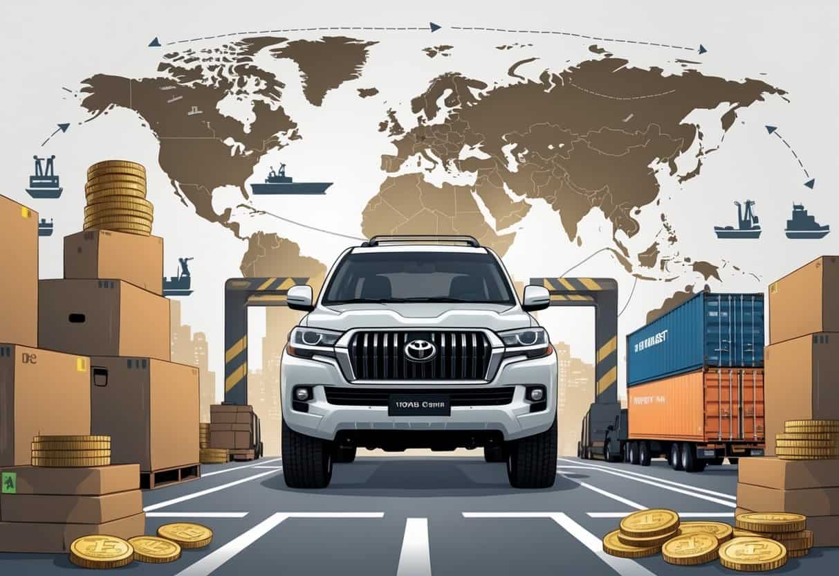 A Toyota Land Cruiser near customs barriers and shipping containers with a world map showing disrupted trade routes in the background.