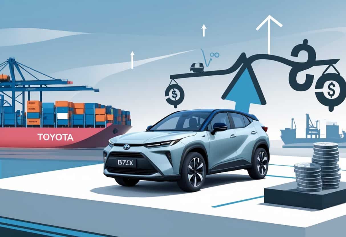 A Toyota BZ4X electric SUV near a shipping port with cargo ships and containers, alongside symbols of rising costs and a balance scale showing money and a car.