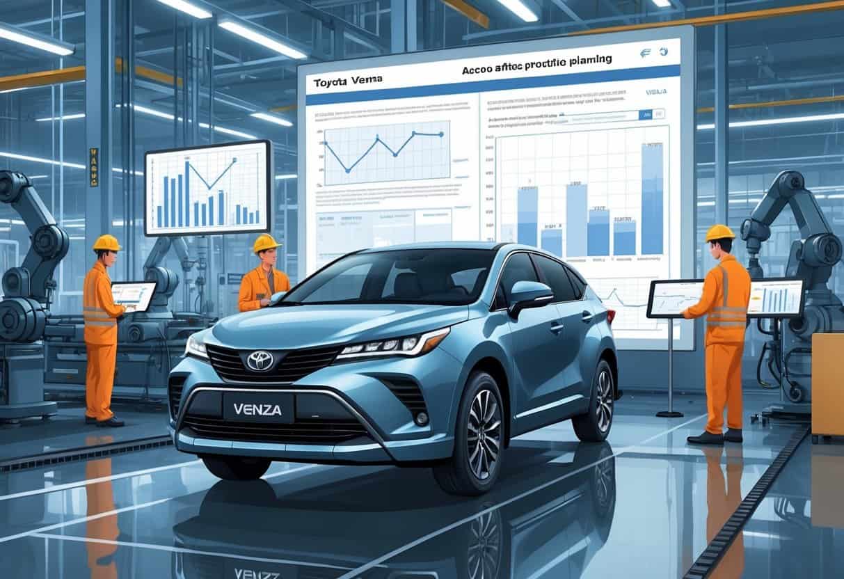 A Toyota Venza car in a factory with engineers reviewing digital plans and data screens showing graphs related to production and tariffs.