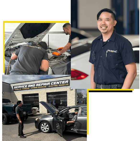 Experienced auto technicians performing engine diagnostics and repairs.