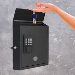 Secure key drop box for auto shop, safe vehicle key storage solution.