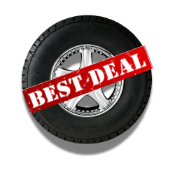 New tire with alloy wheel and "Best Deal" banner for quality service.