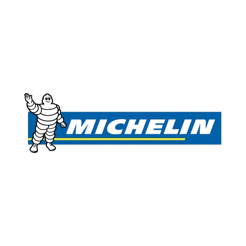 Michelin tire brand logo with mascot waving.