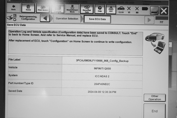 Auto diagnostic tool screen showing ECU data save process.
