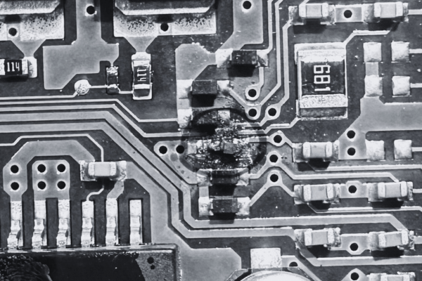 Auto repair circuit board with electronic components and damaged area.
