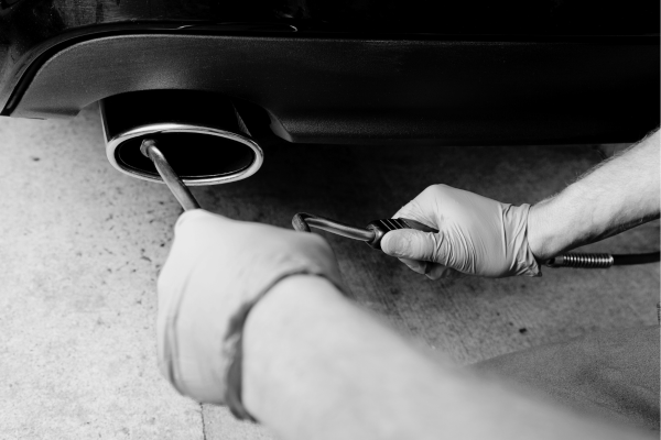 Tire service technician inspecting vehicle exhaust system.